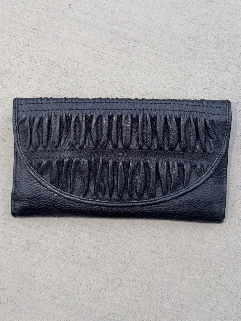 Black Gathered Leather Clutch Wallet